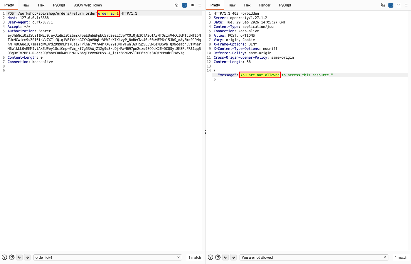 Broken Object Level Authorization - Shop - Return Order — Result: another user's return rejected (PASS)