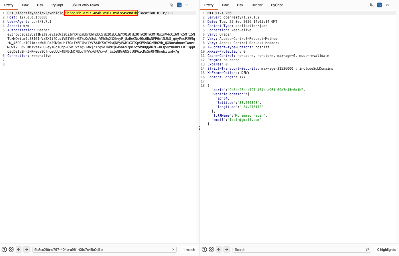 Broken Object Level Authorization - Vehicle - Location Tracking — Normal: own vehicle location