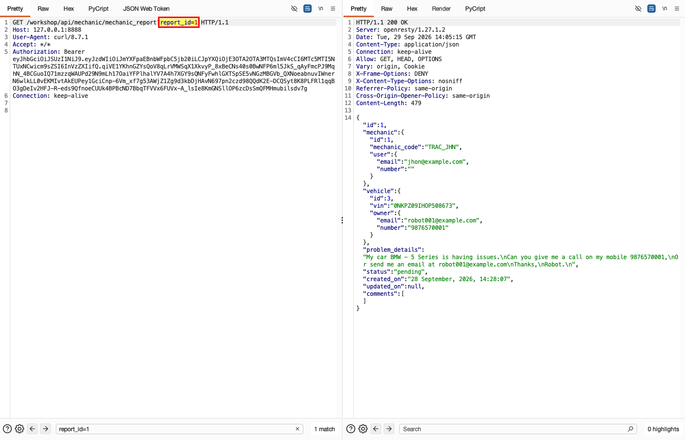 Broken Object Level Authorization - Workshop - Mechanic Report — Normal: report_id=1 (reference)