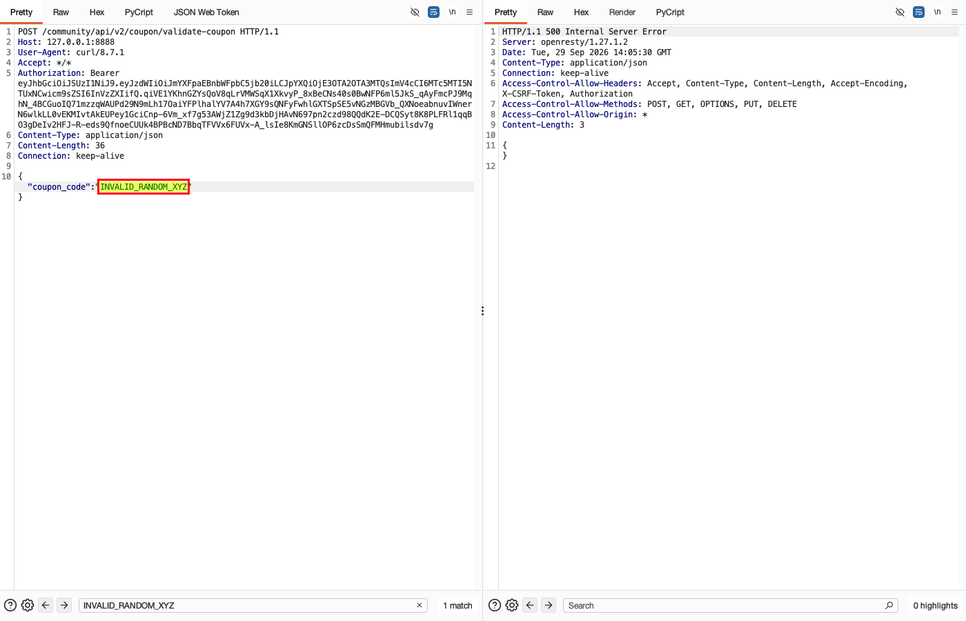 NoSQL Injection - Community - Coupon Validation (Normal Input) — Result: unrecognized string rejected (PASS)