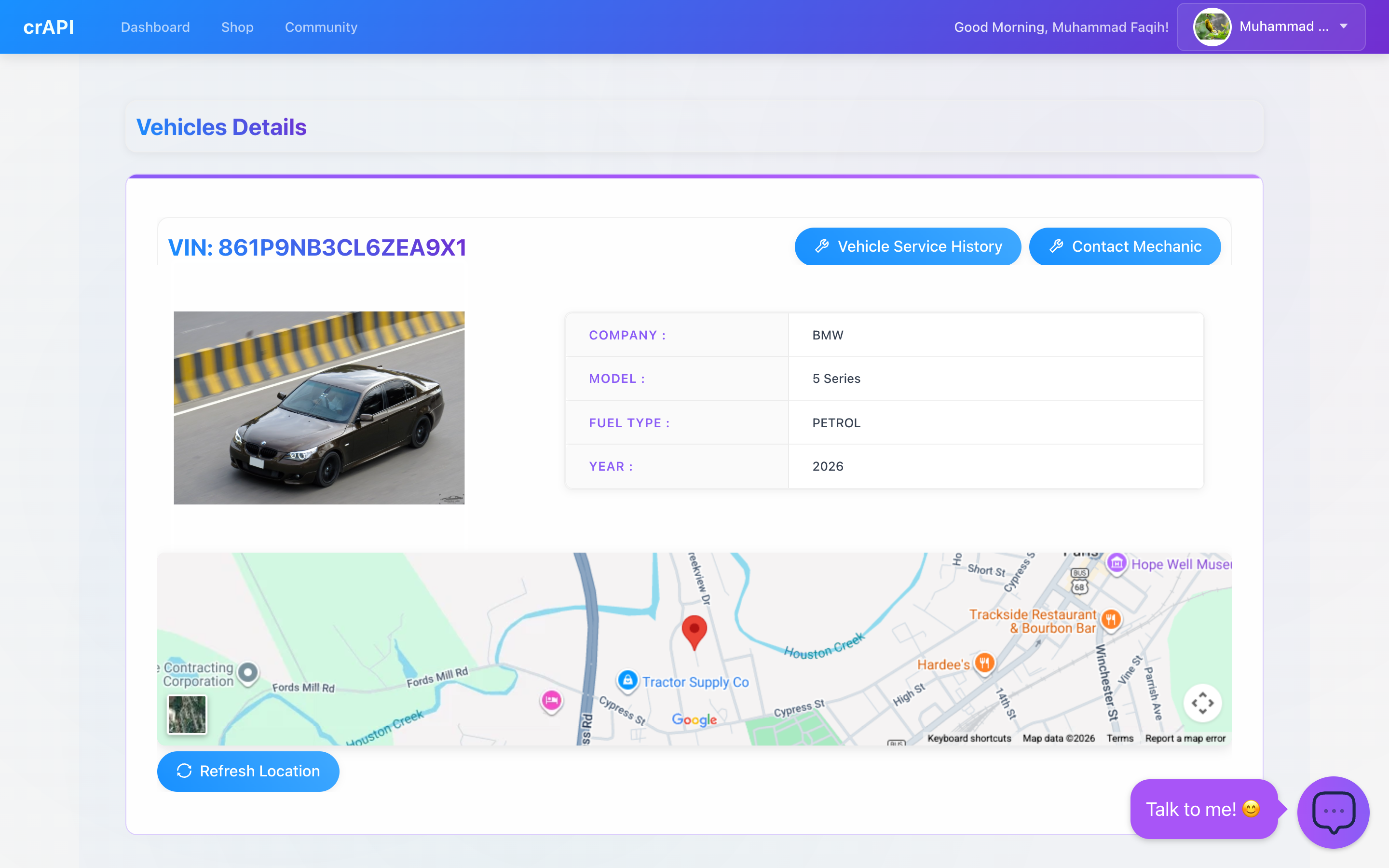 crAPI lab interface: dashboard