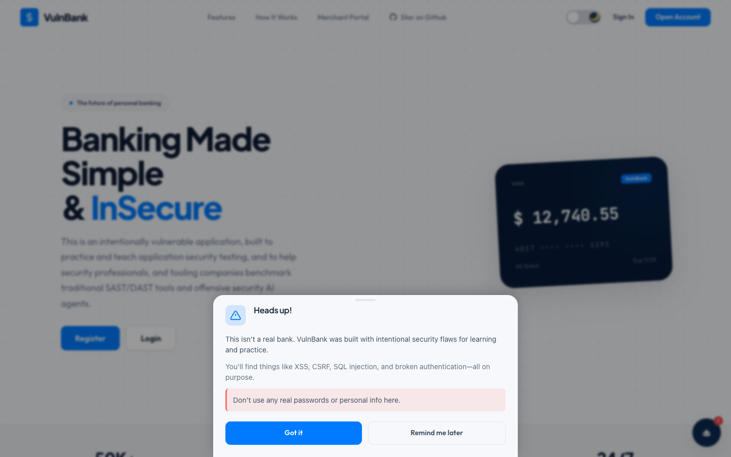 VulnBank — landing