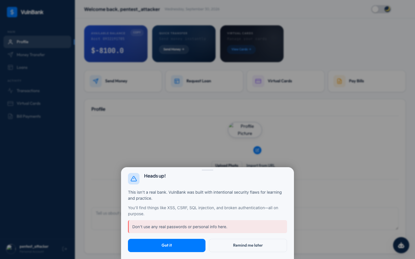 VulnBank lab interface: dashboard